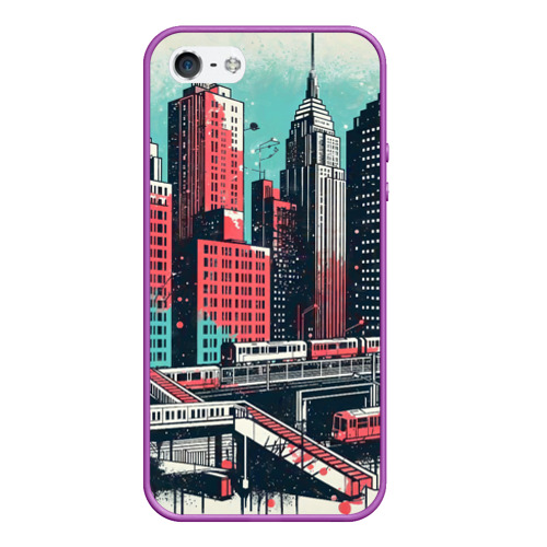 Чехол для iPhone 5/5S матовый Силуэты небоскребов в брызгах красной и голубой краски, цвет фиолетовый