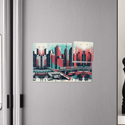 Магнитный плакат 3Х2 Силуэты небоскребов в брызгах красной и голубой краски - фото 4