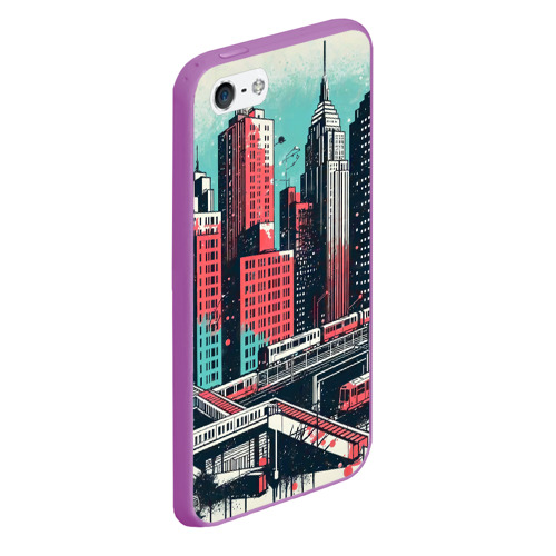 Чехол для iPhone 5/5S матовый Силуэты небоскребов в брызгах красной и голубой краски, цвет фиолетовый - фото 3
