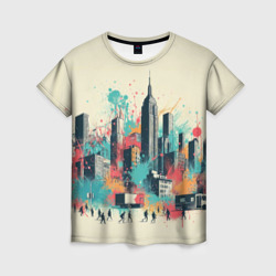 Силуэты людей и небоскребов в брызгах краски – Женская футболка 3D с принтом купить со скидкой в -26%