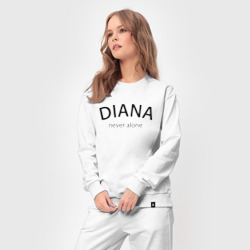 Костюм с принтом Diana never alone - motto для женщины, вид на модели спереди №3. Цвет основы: белый