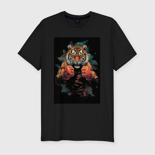 Мужская футболка хлопок Slim Боевой тигр Муай  Тай, цвет черный