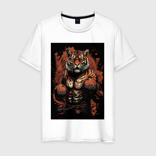 Мужская футболка из хлопка с принтом Тайский бокс  тигр в стойке, вид спереди №1