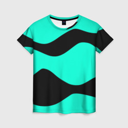 Бирюзовый в чёрные волнистые полосы абстракция – Женская футболка 3D с принтом купить со скидкой в -26%
