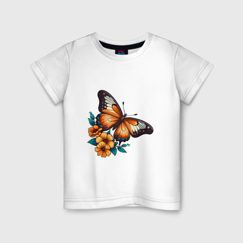 Детская футболка из хлопка с принтом Цветы  бабочка, вид спереди №1