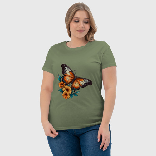 Женская футболка хлопок Цветы  бабочка, цвет авокадо - фото 6
