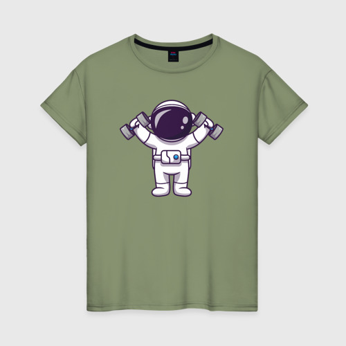 Женская футболка хлопок Космонавт с гантелями, цвет авокадо