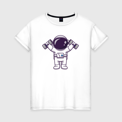Женская футболка из хлопка с принтом Космонавт с гантелями, вид спереди №1