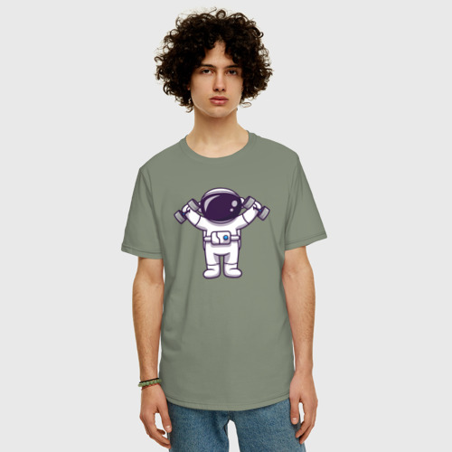 Мужская футболка хлопок Oversize Космонавт с гантелями, цвет авокадо - фото 3