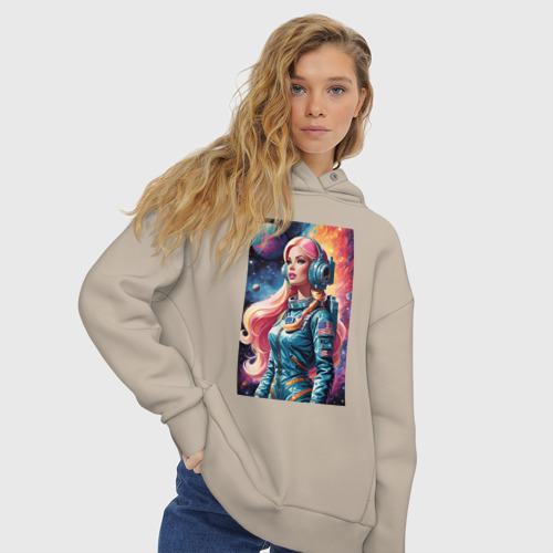 Женское худи Oversize хлопок Barbie astronaut - ai art, цвет миндальный - фото 4