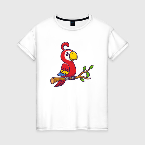 Женская футболка из хлопка с принтом Красный попугайчик, вид спереди №1