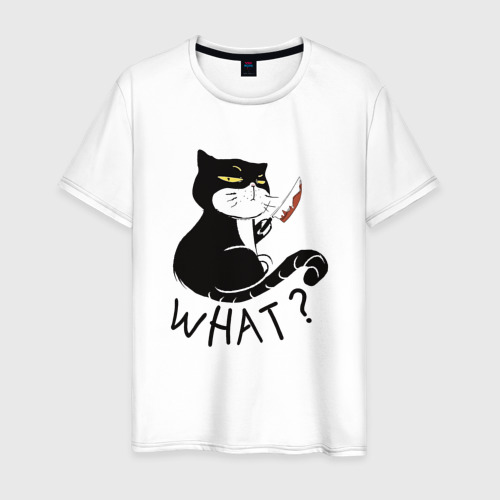 Мужская футболка хлопок What кот маньяк, цвет белый