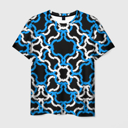 Мужская футболка 3D Сине-белые полосы на чёрном фоне