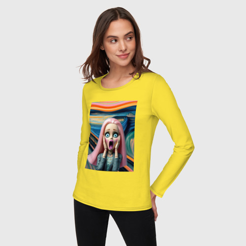 Женский лонгслив хлопок Барби в картине Эдварда Мунка - нейросеть, цвет желтый - фото 3