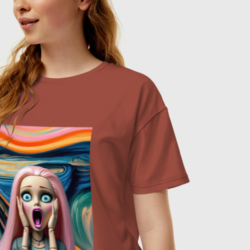 Женская футболка хлопок Oversize с принтом Барби в картине Эдварда Мунка - нейросеть, фото на моделе #1