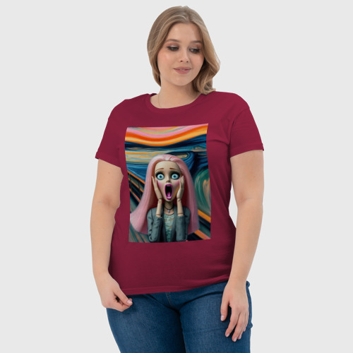 Женская футболка хлопок Барби в картине Эдварда Мунка - нейросеть, цвет маджента - фото 6