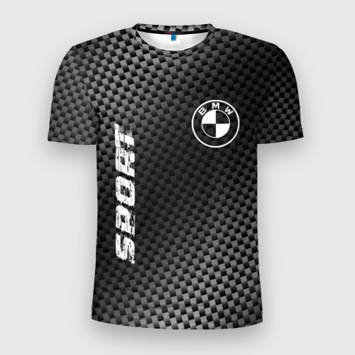 Мужская приталенная футболка с принтом BMW sport carbon, вид спереди №1