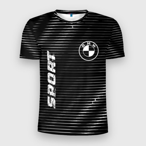 Мужская приталенная футболка с принтом BMW sport metal, вид спереди №1