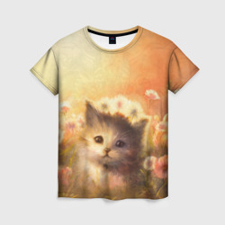 Котёнок в цветочном поле - картина – Женская футболка 3D с принтом купить со скидкой в -26%