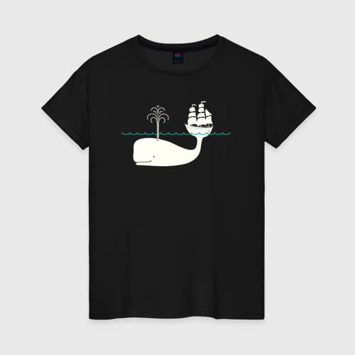 Женская футболка хлопок Кит и корабль, цвет черный