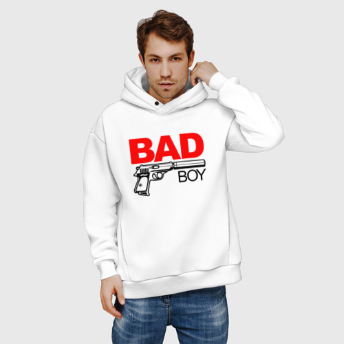 Мужское худи Oversize хлопок Bad boy with gun, цвет белый - фото 3