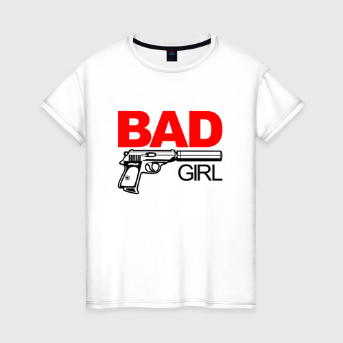 Женская футболка хлопок Bad girl with gun, цвет белый