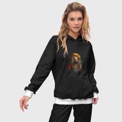 Женский костюм с толстовкой 3D Лев хиппи с дредами на черном фоне - фото 2