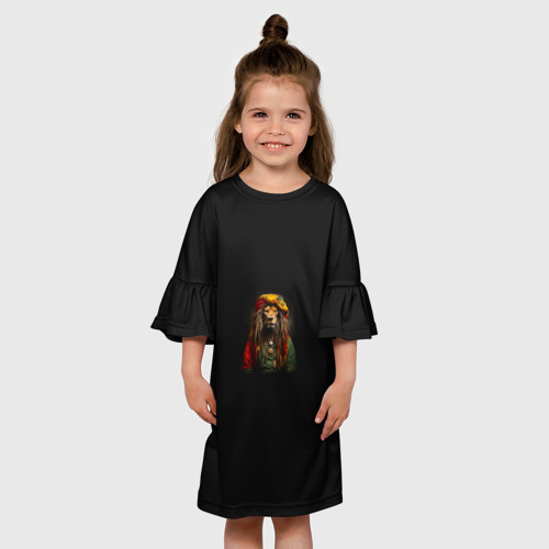Детское платье 3D с принтом Лев хиппи с дредами на черном фоне, вид сбоку #3