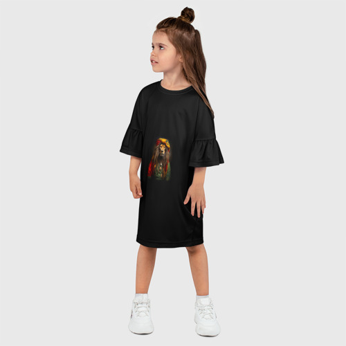 Детское платье 3D с принтом Лев хиппи с дредами на черном фоне, фото на моделе #1