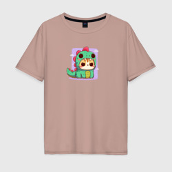 Мужская футболка хлопок Oversize Кавайный кот в костюме динозавра