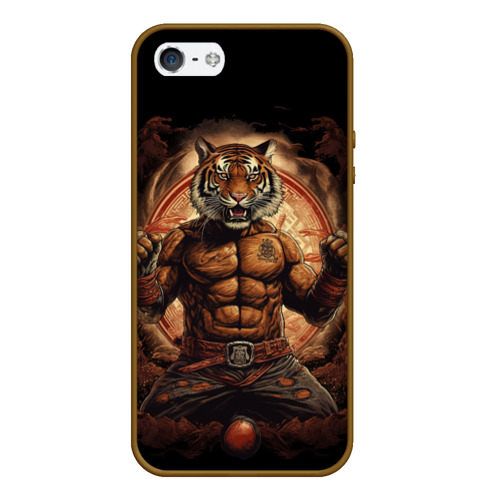 Чехол для iPhone 5/5S матовый Муай - Тай боевой тигр в перчатках, цвет коричневый