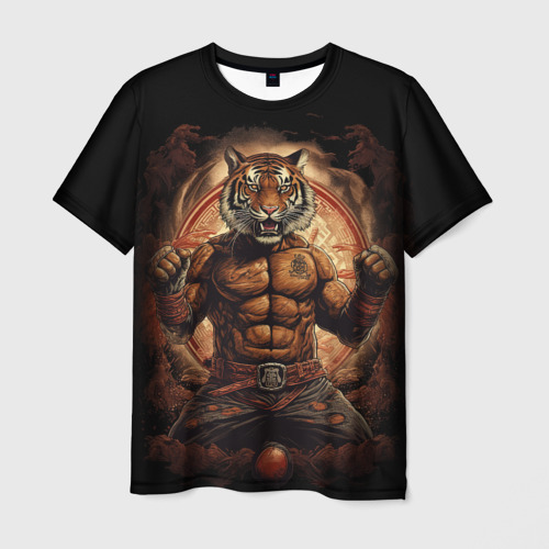 Мужская футболка с принтом Муай - Тай боевой тигр в перчатках, вид спереди №1