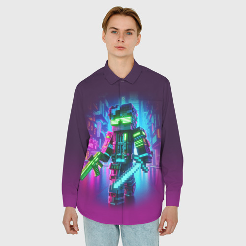Мужская рубашка oversize 3D с принтом Cyberpunk and Minecraft - collaboration ai art, фото на моделе #1