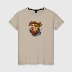 Вельштерьер арт с осенними листьями – Женская футболка хлопок с принтом купить со скидкой в -20%