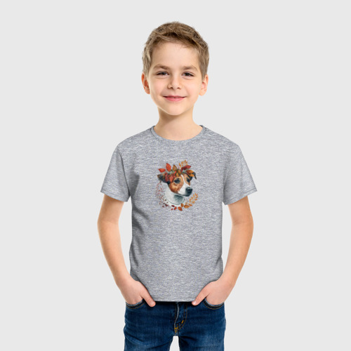 Детская футболка хлопок Джек-рассел-терьер осенний арт, цвет меланж - фото 3