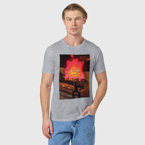 Мужская футболка хлопок Кальцифер огненный демон, цвет меланж - фото 3