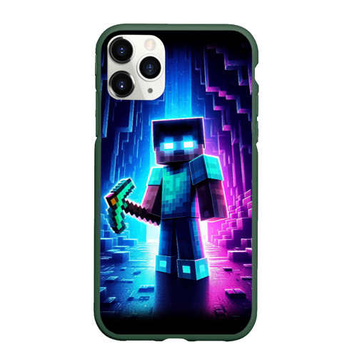 Чехол для iPhone 11 Pro матовый Minecraft - neon character ai art, цвет темно-зеленый