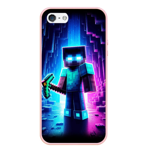 Чехол для iPhone 5/5S матовый Minecraft - neon character ai art, цвет светло-розовый