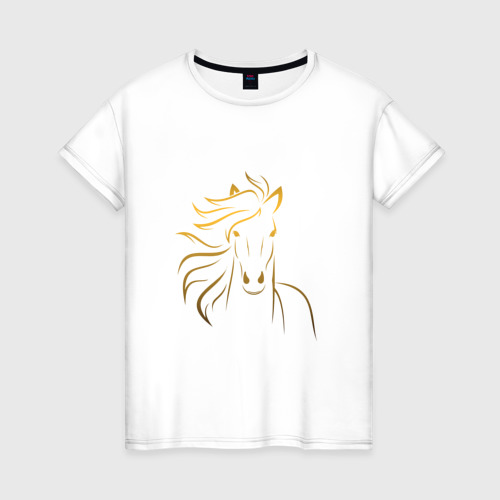 Женская футболка из хлопка с принтом Золотой силуэт лошади, вид спереди №1