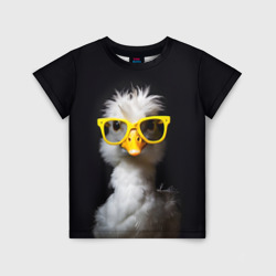 Белый гусь в желтых очках на черном фоне – Детская футболка 3D с принтом купить со скидкой в -33%