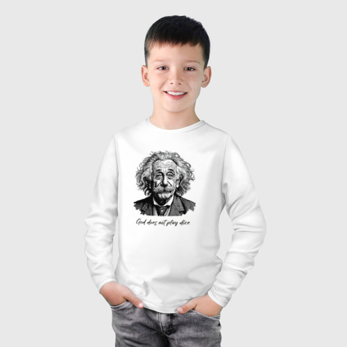 Детский лонгслив хлопок с принтом Прикол Эйнштейн бог не играет в кости, фото на моделе #1