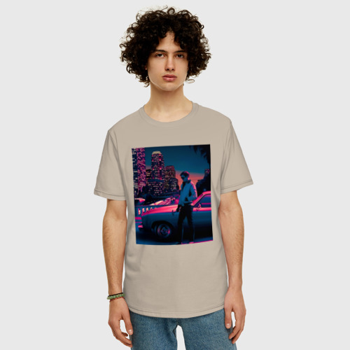 Мужская футболка хлопок Oversize Drive poster, цвет миндальный - фото 3