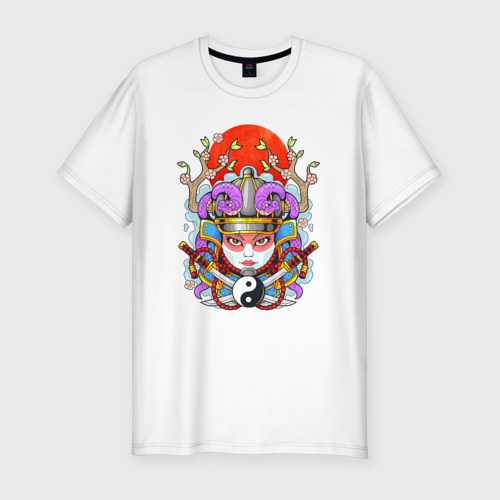 Мужская футболка хлопок Slim Мифологическая девушка самурай, цвет белый