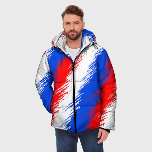 Мужская зимняя куртка 3D с принтом Триколор штрихи красок, фото на моделе #1