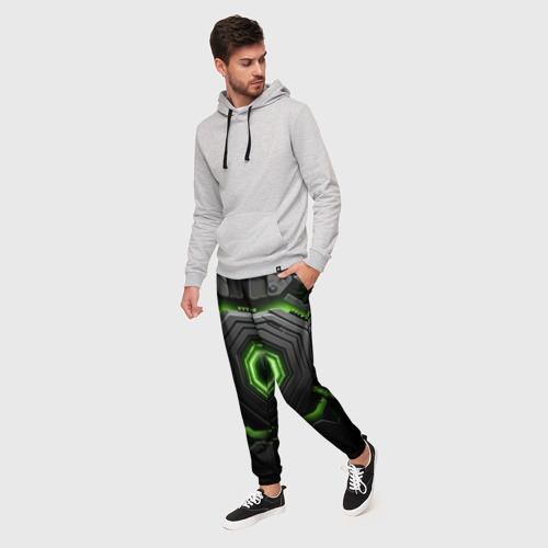 Мужские брюки 3D Яркая геометрическая зеленая  неоновая абстракция на черном, цвет 3D печать - фото 3