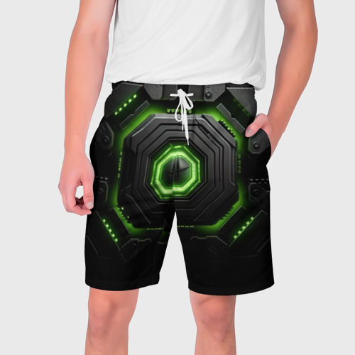 Мужские шорты 3D Яркая геометрическая зеленая  неоновая абстракция на черном, цвет 3D печать