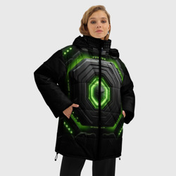 Женская зимняя куртка Oversize Яркая геометрическая зеленая  неоновая абстракция на черном - фото 2