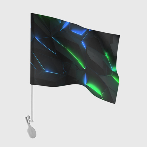 Флаг для автомобиля с принтом Объемная геометрическая зеленая неоновая абстракция  на черном, вид спереди №1