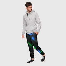 Мужские брюки 3D Объемная геометрическая зеленая неоновая абстракция  на черном - фото 2