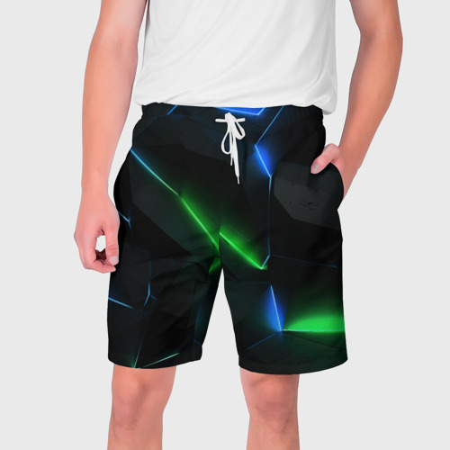 Мужские шорты с принтом Объемная геометрическая зеленая неоновая абстракция  на черном, вид спереди №1
